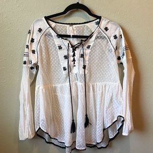 Free People White Top With Black Embroidery